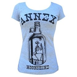 Women's Moonshine by Annex Praying Skeleton in Liquor Bottle T Shirt