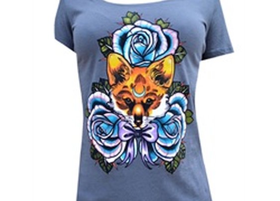 Women's The Fox by Thea Fear Red Fox w/ Bow and Blue Roses Tattoo Scoop T-Shirt