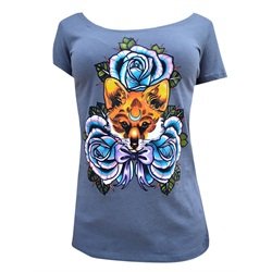 Women's The Fox by Thea Fear Red Fox w/ Bow and Blue Roses Tattoo Scoop T-Shirt