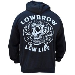 Men's Low Life by Adi Motorcycle Old School Skull Tattoo Black Hoodie