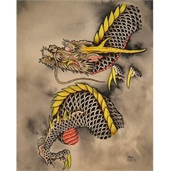 Dragon In Hue by Clark North w/ Antlers Tattoo Canvas Fine Art Print