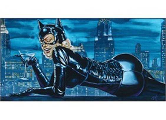 Cat On A Hot Tin Roof by Mike Bell Catwoman & Martini Canvas Art Print