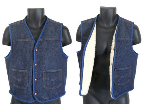 Men Denim Vest Sherpa Vest Blue Jean Vest by SecondhandObsession