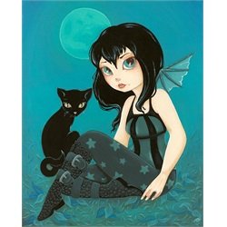 Moonlight Hijinks by Terra Bidlespacher Fairy Girl Black Cat Art Print