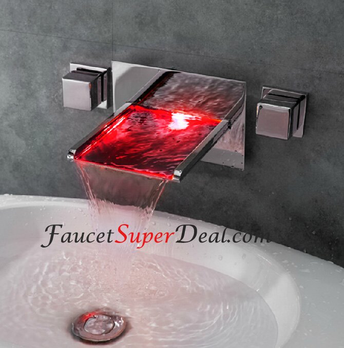Modern Design LED Color Changing Wall Mount Waterfall Two Handles Faucet - FaucetSuperDeal.com