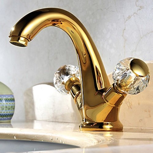 Fashion Double Handles One Hole Brass Bathroom Sink Faucet - FaucetSuperDeal.com