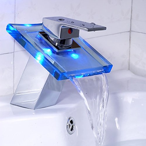 Single Handle Chrome Finish Waterfall LED Bathroom Sink Faucet - FaucetSuperDeal.com
