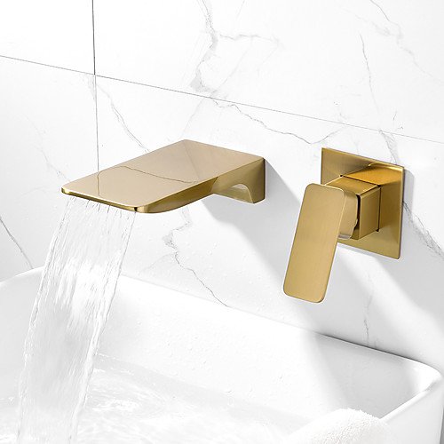 Contemporary Golden Waterfall Brushed Wall Mounted Single Handle Two Holes Bath Taps– FaucetSuperDeal.com